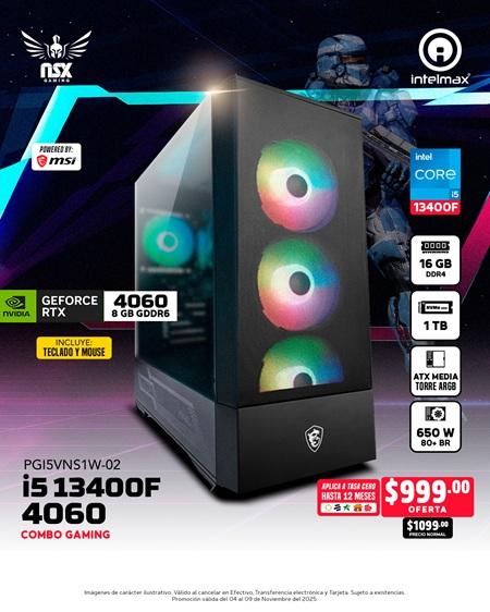 PC GAMING NSX INTEL CORE I5 13400F/ 16GB RAM/ 1TB SSD/ RTX4060/PGI5VNS1W-02